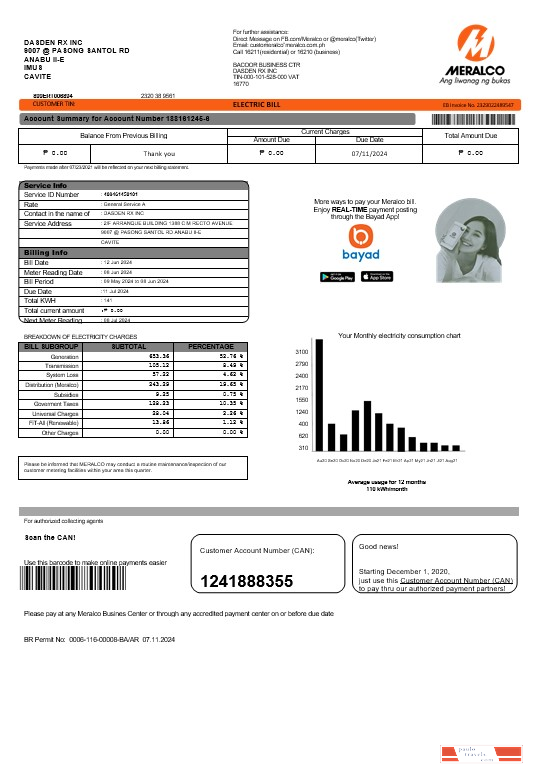 Philippines Meralco electricity business utility bill template in Word and PDF formats, version 2